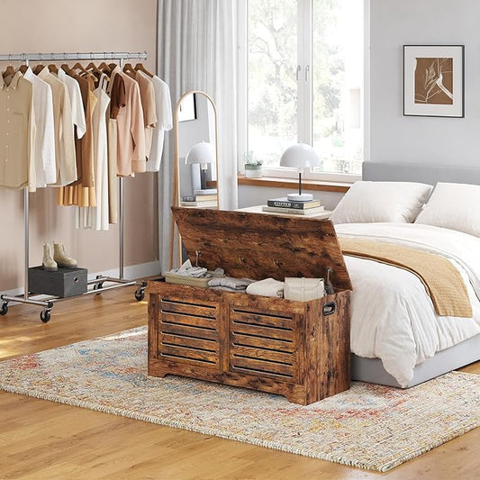 DINZI LVJ Storage Chest, Flip-Top Wooden Toy Box with 2 Safety Hinges, Retro Entryway Shoe Storage Bench, Sturdy Large Storage Trunk for Living Room, Bedroom, Easy Assembly, Rustic Brown