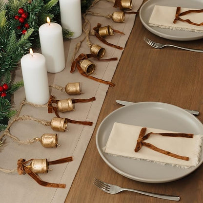 Rustic Golden Christmas Bell Ornaments and Velvet Bows – Beautiful Ornament Set of 10 Adds Elegance to Any Modern or Farmhouse Christmas Tree Decor – Giftable Vintage Bells w/a Festive Holiday Sound