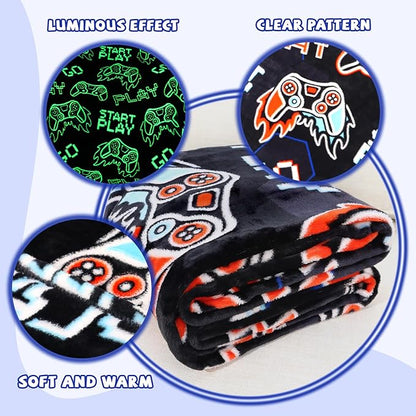 Glow in The Dark Video Gaming Blanket Soft Fuzzy Gamer Throw Blanket Boys Room Decor Game Gifts for Men Teens Couch Sofa Bedroom