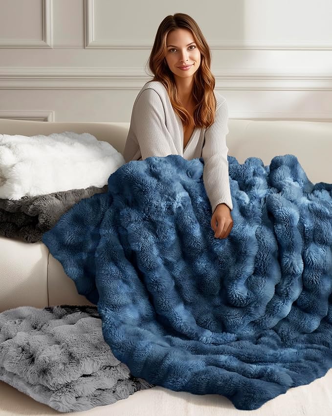 Ultra Soft Cozy Faux Fur Throw Blanket, Fuzzy Plush Thick Bubble Blanket, Oversize Luxury Fluffy Blanket for Couch, Bed, and Living Room, 60x80 Inches, Blue
