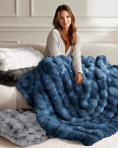 Ultra Soft Cozy Faux Fur Throw Blanket, Fuzzy Plush Thick Bubble Blanket, Oversize Luxury Fluffy Blanket for Couch, Bed, and Living Room, 60x80 Inches, Blue