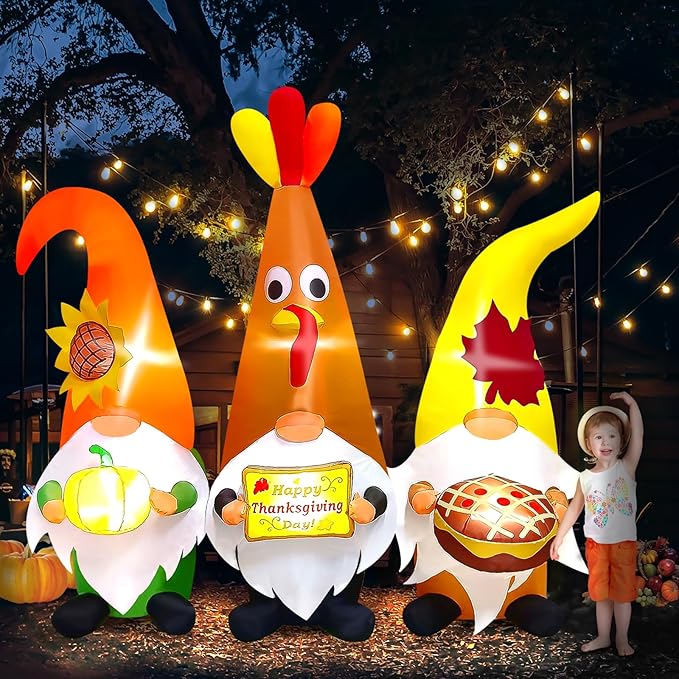 7FT Thanksgiving Day Inflatable with LED Light, Kalolary Thanksgiving Three Gnome Inflatable Fall Harvest Outdoor Decoration Thanksgiving Yard Blow up Inflatable for Lawn Home Holiday Autumn Party