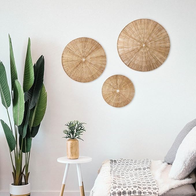PEMAR 31.5" D Oversized Wicker Wall Hanging Jute Basket Set of 3 Round Handwoven Southwestern Decorative Wall Accents. Room Decor Baskets for Boho, Scandinavian, Farmhouse Wall Decor (Natural)