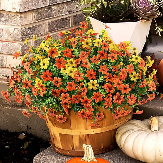 Artificial Mums Fake Fall Flowers for Outdoors Decoration, 12 Bundles Realistic Autumn Silk Daisy Faux Plants UV Resistant Decor for Home Garden Porch Patio Yard Balcony Window (Orange Yellow)