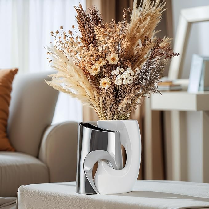 White Silver Ceramic Vases Set of 2, Modern Vase for Nordic Minimalist Book Style Shelf Decor, Hollow Round Pampas Flower Vases for Boho Home Wedding Party Room Dinner Table Shelf Decor
