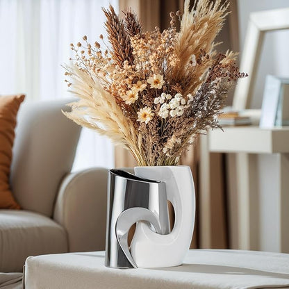 White Silver Ceramic Vases Set of 2, Modern Vase for Nordic Minimalist Book Style Shelf Decor, Hollow Round Pampas Flower Vases for Boho Home Wedding Party Room Dinner Table Shelf Decor