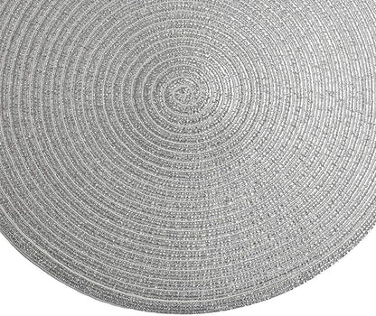 SHACOS Silver Glitter Round Braided Placemats Set of 8 Sparkle Bling Washable 15 inch Round Table Mats Woven Place Mats for Dining Table (Silver, 8)