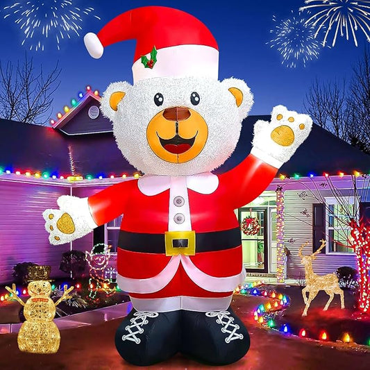 Kalolary 8FT Christmas Inflatable Fluffy Bear with LED Light, White & Red, Plush Fabric, Wind Resistant, Christmas Fluffy Bear Decoration