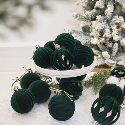 Senjie 20PCS Velvet Ornaments for Christmas Tree 2.36inch Flocked Christmas Balls Assortment for Xmas Tree Holiday Decor Deep Green