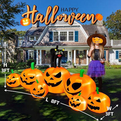 B&D 8FT Long Halloween Inflatables Pumpkin Outdoor Decorations, 7 Inflatable Pumpkins and Black Cat Combo Halloween Blow Up Decorations Built-in LEDs for Holiday Party Yard Garden Lawn Patio Décor
