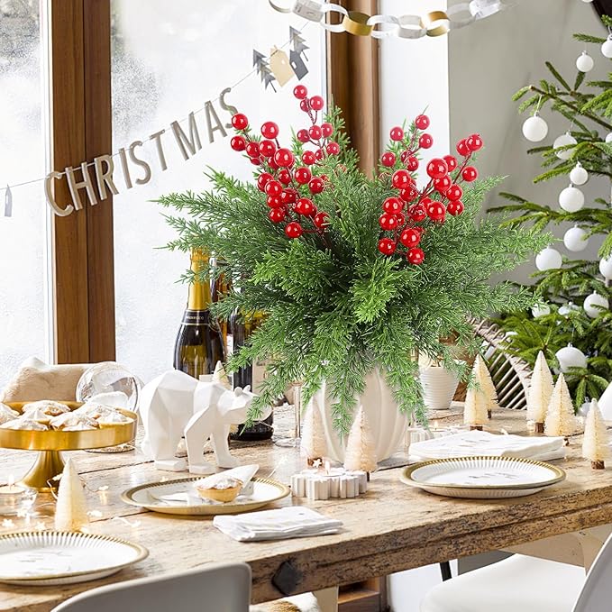 HOHOTIME 6 Pcs Christmas Artificial Pine Stems with Red Berry, 17.7 inch Faux Norfolk Cypress Leaves Branches for Christmas Decoration, Fake Foliage Pine Picks for DIY Craft Xmas Home Decor