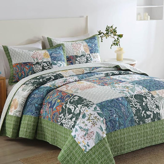 mixinni Sage Green Floral Quilt Set King Size, 100% Cotton Reversible Lightweight Bedspread, 3 Pieces Garden Style Patchwork Coverlet Set with 2 Matching Pillow Shams for All Seasons (106"x98")