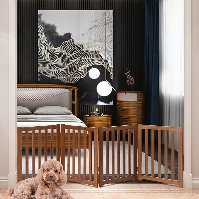 LZRS 4-Panel Wooden Free Standing Foldable Dog Gate – 24" High, Extra Wide Step-Over Safety Pet Gate for Doorways, Stairs, Hallways, Large Spaces & Playpen for Puppies Indoor Use, Oak