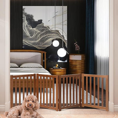 LZRS 4-Panel Wooden Free Standing Foldable Dog Gate – 24" High, Extra Wide Step-Over Safety Pet Gate for Doorways, Stairs, Hallways, Large Spaces & Playpen for Puppies Indoor Use, Oak