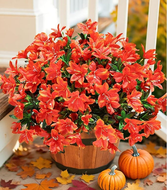 INSPRING Artificial Fall Flowers for Outdoors Decoration, 3 Bundles Fake Silk Azalea Flower Plants Outside UV Resistant Realistic Faux Flowers for Planters Porch Patio Garden Walkways Home, Orange