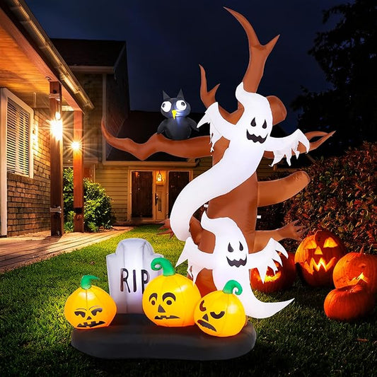 8 FT Halloween Inflatables Outdoor Decorations, Giant Blow Ups Flying Ghosts Pumpkin Tree with Build-in LED Lights, Funny Yard Garden Decoration for Halloween Party Indoor Outdoor