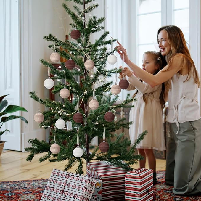 Syhood 18 Pcs 1.57 Inch Christmas Ball Ornaments Boho Farmhouse Jute Rope Hanging Balls Burlap Neutral Rustic Ornaments for Xmas Tree Holiday Wreath Garland Wedding Home