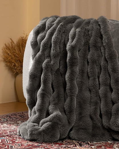 Ultra Soft Cozy Faux Fur Throw Blanket-Fuzzy Plush Thick Bubble Blanket, Fluffy Blanket for Couch, Sofa, Bedroom, and Living Room, 50x60 Inches, Dark Grey