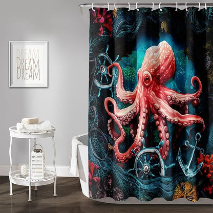 AILONEN Cartoon Red Octopus Shower Curtain for Bathroom,Octopus Tentacles Bath Curtain for Kids,Boys,Girls,Anchor Ocean Animal Theme Waterproof Fabric Shower Curtain Set with Hooks,72" W*96" H