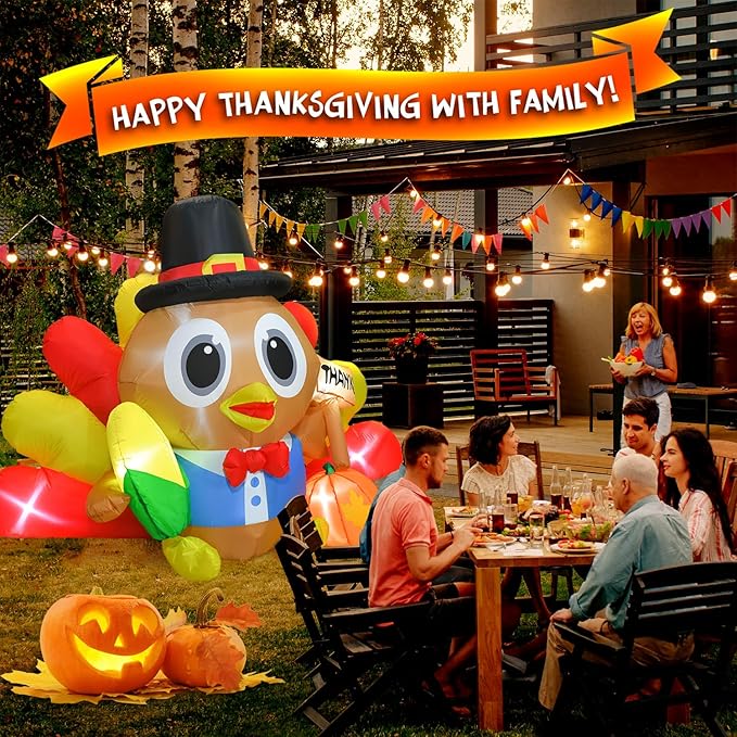 BOHON 5.3 FT Long Inflatable Turkey Outdoor Thanksgiving Decoration with Colorful Big Tail & Pilgrim Hat, Built-in LED Lights, Blow Up Yard Decoration for Yard Indoor Party Garden Lawn Decor