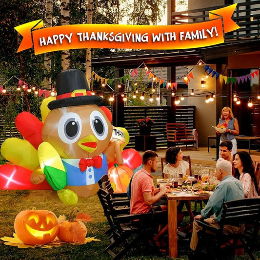 BOHON 5.3 FT Long Inflatable Turkey Outdoor Thanksgiving Decoration with Colorful Big Tail & Pilgrim Hat, Built-in LED Lights, Blow Up Yard Decoration for Yard Indoor Party Garden Lawn Decor