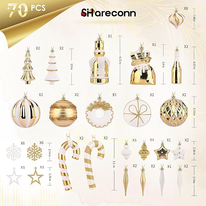 SHareconn 70pcs 2025 Classic Christmas Balls Ornaments Set, Shatterproof Plastic Baubles, Ribbon and Tree Topper for Xmas Tree Holiday Wedding Party Decorations with Hanging Strings, White and Gold