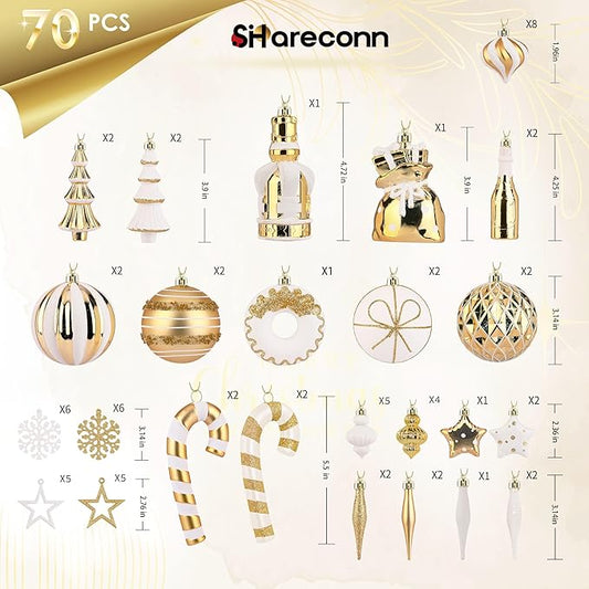 SHareconn 70pcs 2025 Classic Christmas Balls Ornaments Set, Shatterproof Plastic Baubles, Ribbon and Tree Topper for Xmas Tree Holiday Wedding Party Decorations with Hanging Strings, White and Gold