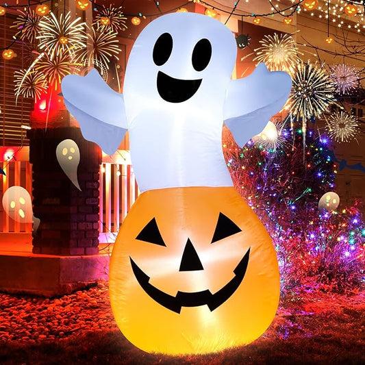 TRMESIA 4FT Halloween Inflatable Decor White Ghost Pumpkin with LED Lights Indoor Outdoor Blow Up Decoration Halloween Party Holiday Decoration