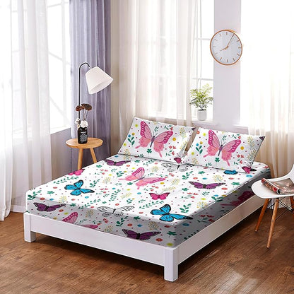 Butterfly Fitted Sheet Set for Kids Girls Teens Colorful Flowers Leaves Bed Sheet Queen Size 3D Print Dreaming Style Sheet Set 3 Piece