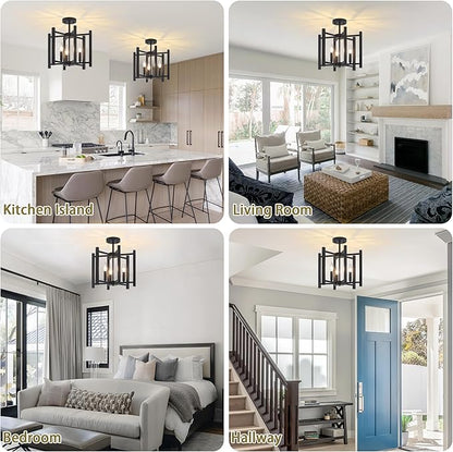 14.6'' Black Farmhouse Semi Flush Mount Ceiling Light Fixture, 3-Light Modern Ceiling Light Fixtures Industrial Flush Mount Ceiling Lighting Fixture for Dining Room Kitchen Hallway Bedroom