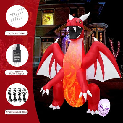 DearSun 8FT H Halloween Inflatable Dragon with Skull Next to The Foot, Blow up Dragon Inflatable with Red Flame lamp Inside Outdoor Decorations Large Party Yard Decoration