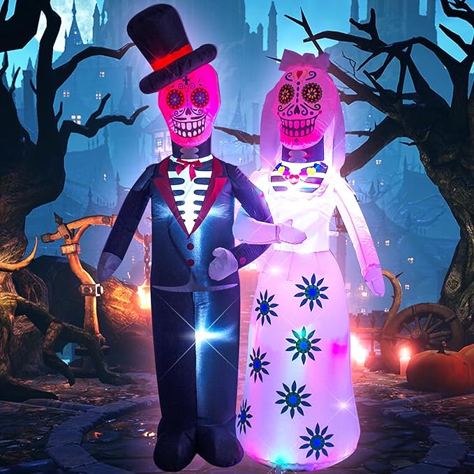 AJY 6 Feet Day of The Dead Couple Halloween Inflatable LED Lights Decor Outdoor Indoor Holiday Decorations,Blow up Lighted Yard Decor, Giant Lawn Inflatable Home Garden Party Favor Decoration