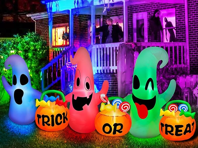 [ 3 Colors Changing Light ] TURNMEON 8 Ft Long Halloween Inflatables Three Ghosts with Pumpkin Candy Bags Halloween Decorations Outdoor Build-in LED Light Blow Up Halloween Decor Yard Party Garden