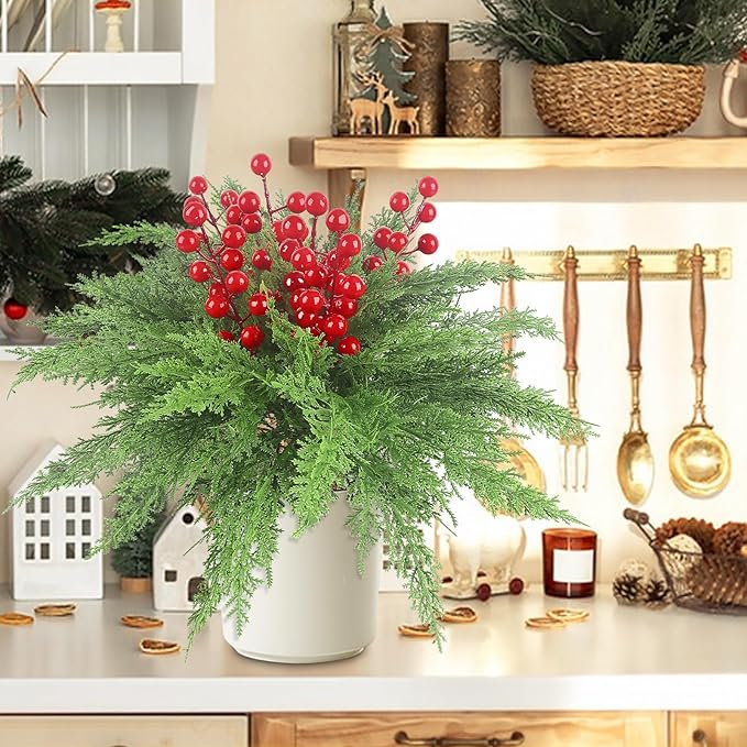HOHOTIME 6 Pcs Christmas Decoration, 17.7 inch Artificial Picks Pine Stems with Berry for Vase, Faux Norfolk Pine Cypress Leaves Branches Fake Foliage Cedar for DIY Craft Xmas Indoor Home Decor