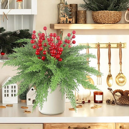 HOHOTIME 6 Pcs Christmas Decoration, 17.7 inch Artificial Picks Pine Stems with Berry for Vase, Faux Norfolk Pine Cypress Leaves Branches Fake Foliage Cedar for DIY Craft Xmas Indoor Home Decor