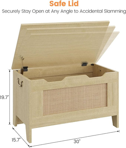 IDEALHOUSE Storage Chest, Rattan Toy Chest, 30" Wooden Storage Bench with Safety Hinge, Blanket Chest, Entryway Bench, Supports 350 lb, Storage Trunk for Living Room, Bedroom, Playroom, Natural Oak