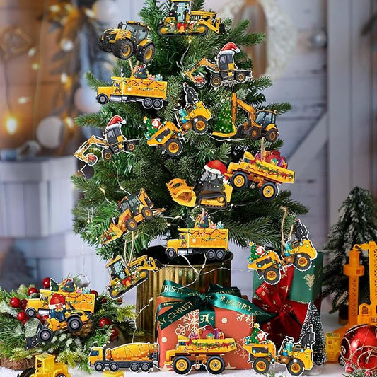 Suzile 36 Pcs Christmas Wooden Ornaments Christmas Construction Truck Ornaments Decoration Vintage Excavator Tree Decoration Construction Truck Hanging Crafts for Farmhouse Home Xmas Party Decor
