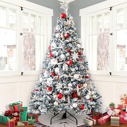 5ft Flocked Artificial Christmas Tree, Arbol de Navidad with 600 Branch Tips, Fake Christmas Tree, Premium Spruce Xmas Tree with Fold-Able Metal Base Stand