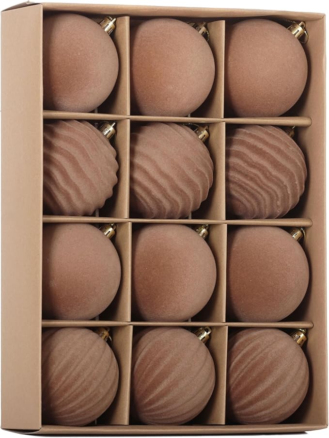 Senjie Velvet Christmas Balls Flocked Christmas Tree 3.15inch Ornaments 12PCS Plastic Balls Xmas Hanging Ornaments Decoration Light Coffee