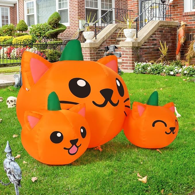 COMIN Halloween Inflatable 5FT Long Three Pumpkin Cat Head Combo with Built-in LEDs, Blow Up Yard Decoration for Holiday Party Indoor, Outdoor, Yard, Garden, Lawn