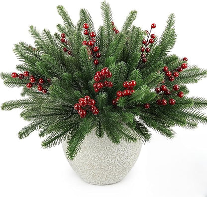 12Pcs/84Pcs Christmas Artificial Pine Branches with Red Berry Stems, 18‘’ Faux Greenery Christmas Picks, Real Touch Fake Floral Leaves Branch for Xmas Decorations Indoor DIY Craft Garland Home Decor