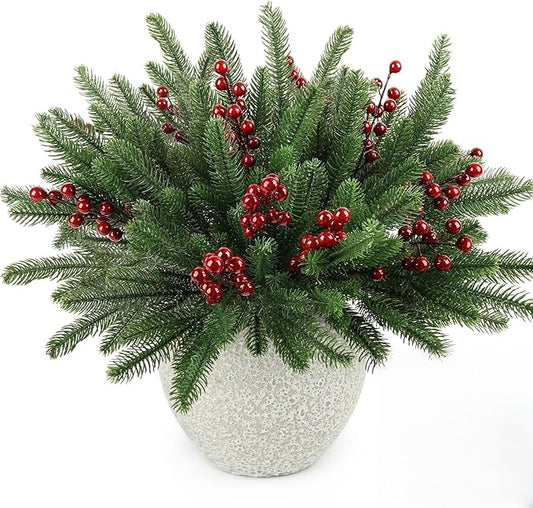 12Pcs/84Pcs Christmas Artificial Pine Branches with Red Berry Stems, 18‘’ Faux Greenery Christmas Picks, Real Touch Fake Floral Leaves Branch for Xmas Decorations Indoor DIY Craft Garland Home Decor