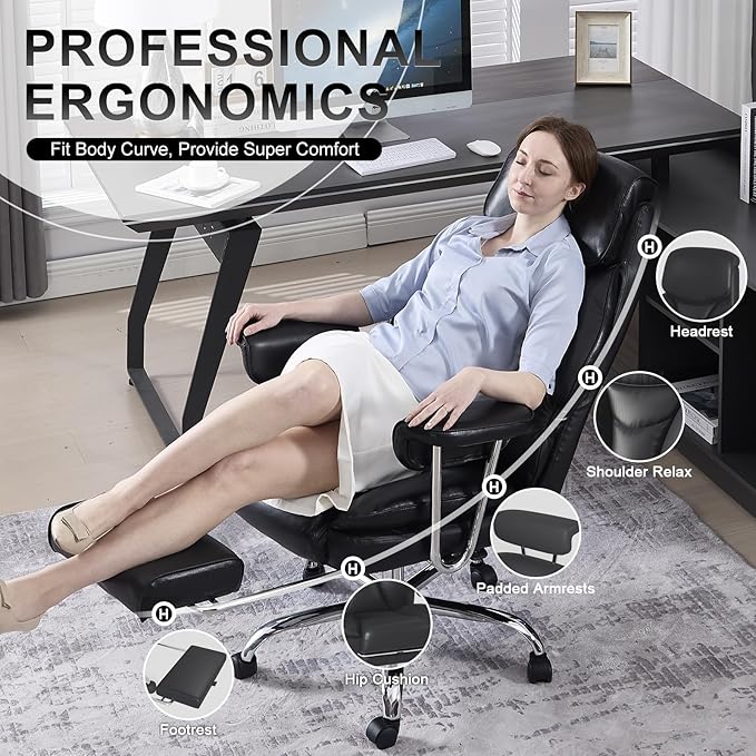 Big and Tall Office Chair, Ergonomic Leather High Back Executive Computer Desk Chair with Retractable Footrest and Padded Arms, 360°Swivel Free, 90-135°Reclining, 500lbs Wide Seat, Black