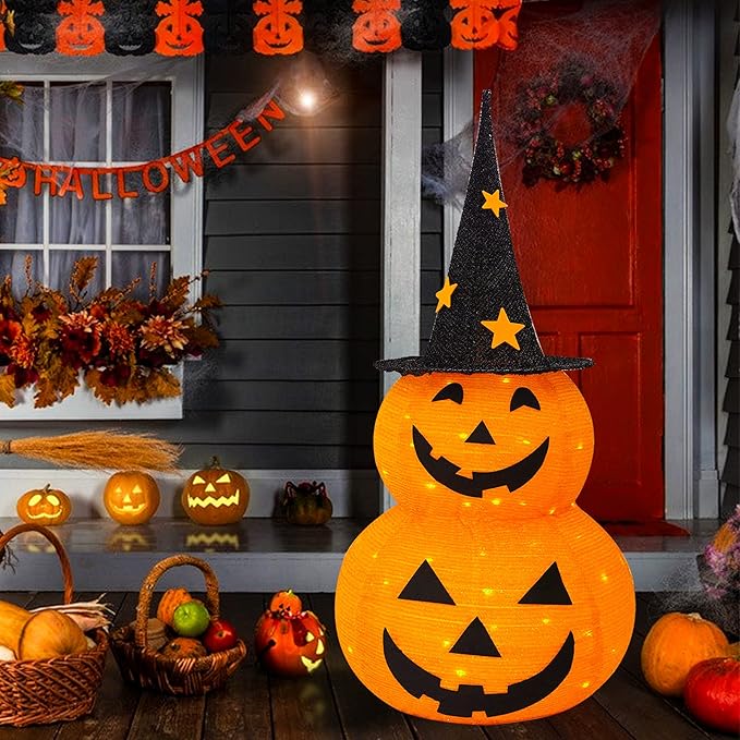 NEROSUN Halloween Decorations, 3 FT Pop Up Collapsible Pumpkin, Pre-Lit 50 LED Lighted Pupmkin Man with Star Hat, Jack o' Lantern with Metal Stand for Outdoor Indoor Garden Yard Home Party Decor