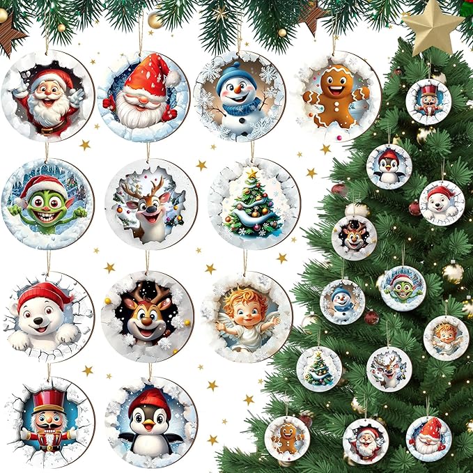 Suzile 36 Pcs Christmas Wooden Ornaments Christmas 3D Break Through Ornament Xmas Cute Animal Decorations for Tree Wreaths Xmas Hanging Wood Cutouts Decor for Home Winter Party