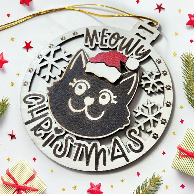 Black Cat Meowy Christmas Ornament - 2025 Christmas Tree Ornament for Black Kitten Enthusiasts - Cat Xmas Decor Tree Hanging Ornament- Cute Wooden Holiday Decoration