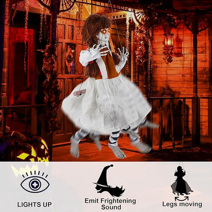 Prsildan Halloween Decorations Outdoor Hanging Swing Girl, Scary Animatronic Decor Life-Size Halloween Props with Creepy Sounds Motion for Outside Indoor Yard Trees
