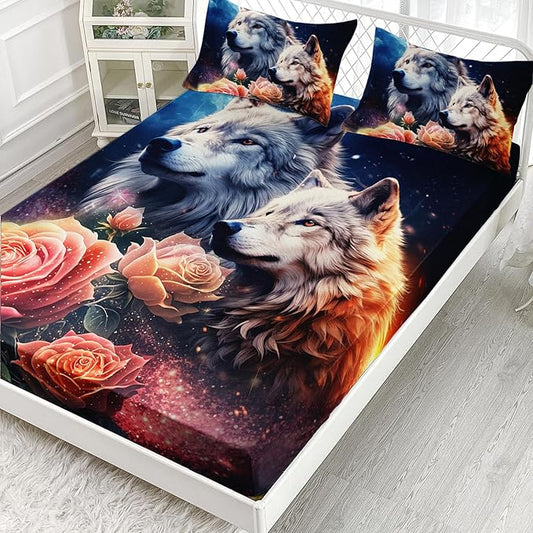 AILONEN Wolf Fitted Sheet Set Queen Size, Red Floral Flower and Wolves Animals Bed Sheet Set,3 Pieces Safari Wolf Bed Sheet Set for Boys Girls,1 Fitted Sheet with 2 Pillowcases