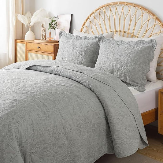 HoneiLife King Quilt Bedding Set - 3 Pieces Microfiber Quilt Sets Lightweight Bedspreads Reversible Coverlets Retro Bed Cover Quilt King Size All Season Quilts-Light Grey