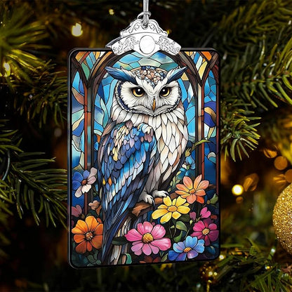 Owl and Wildflowers Stained Glass Ornament, 2025 Christmas Tree Hanging Decoration for Gift Exchange or Stocking Stuffer, Holiday Decor, 3.8 x 2.4 Inch